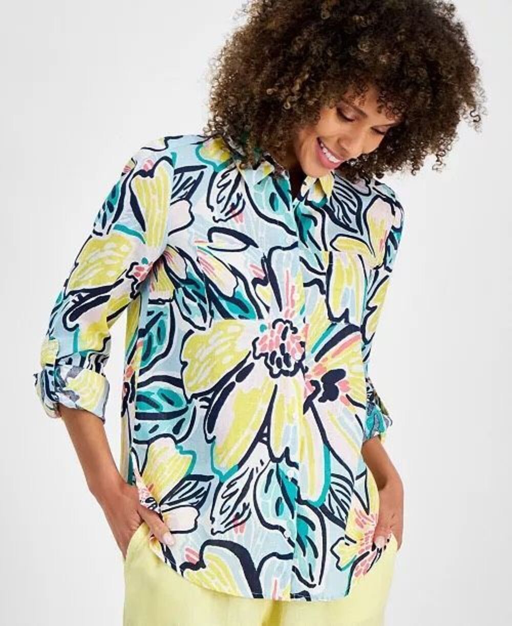 Charter Club Women's Floral Woven 100% Linen Roll-Tab Shirt Size Small